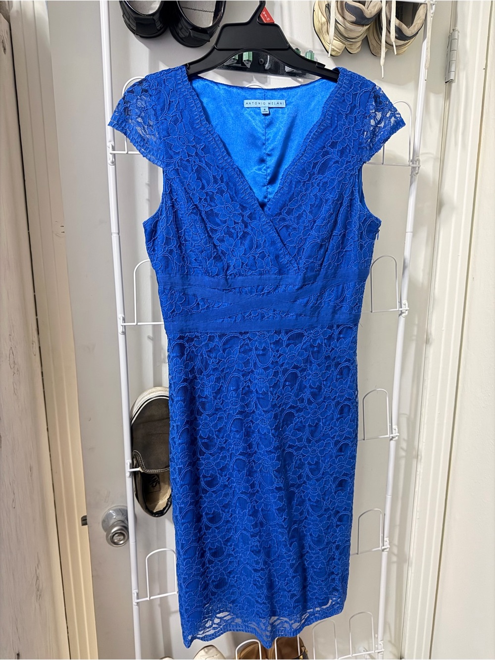 ANTONIO MELANI Cobalt Blue Lace V-Neck Midi Dress